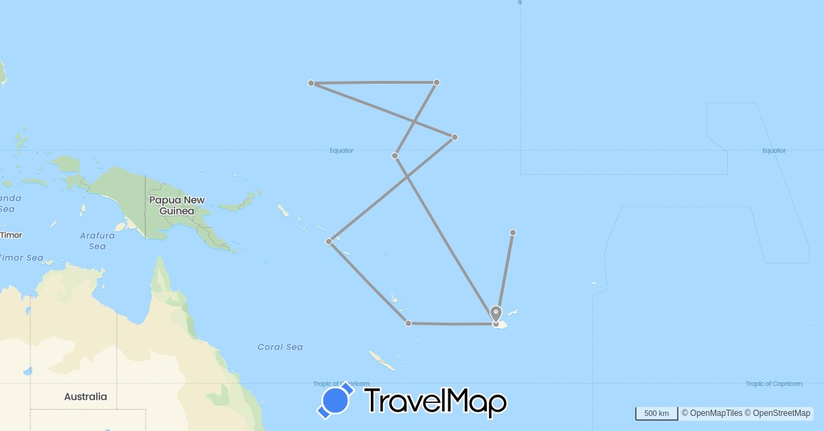 TravelMap itinerary: driving, plane in Fiji, Micronesia, Kiribati, Marshall Islands, Nauru, Solomon Islands, Tuvalu, Vanuatu (Oceania)